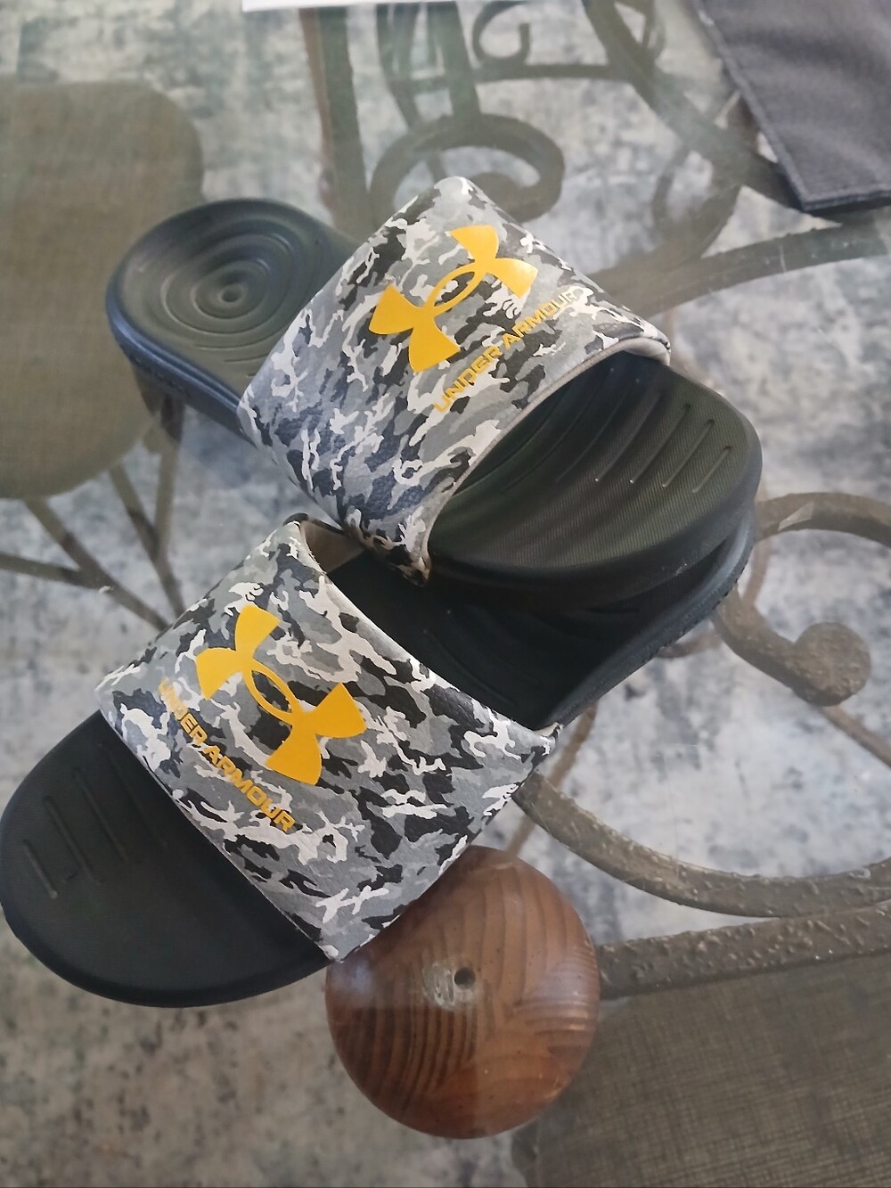 Under Armour Men’s Black and Gray Camo Slides with Yellow Logo-size 3y
